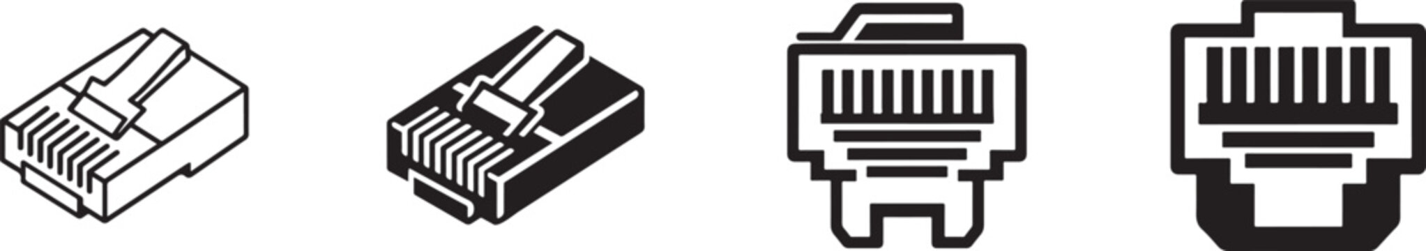 RJ45 ethernet cable connector black outline silhouette vector icon for network connectivity and technology.