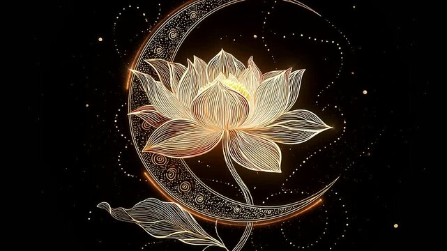 Elegant Lotus Flower and Crescent Moon Illustration: Intricate Line Art Design with Celestial Elements on Black Background