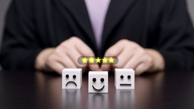 Businessman finger pressing happy smile face icon on cube with five stars rating, Customer satisfaction and service feedback concept.