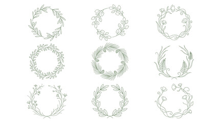 Fototapeta premium Set of nine circular green floral frames, organic, botanical, decorative elements for design invitations, cards, social media posts