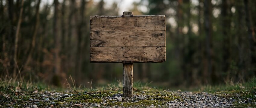 Blank Rustic Wooden Sign in a Moody Forest Background