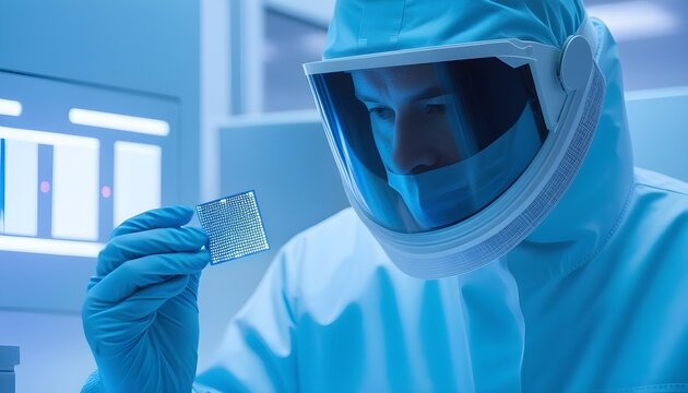 A semiconductor fabrication worker in a cleanroom suit examining a wafer under blue light, sterile environment