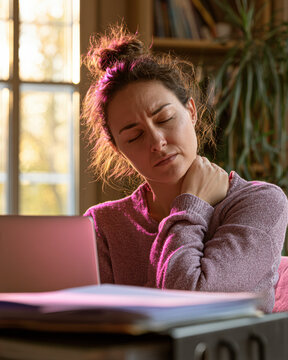 A woman sitting indoors at a desk, massaging her neck and wincing in discomfort, with a laptop and paperwork in front of her.