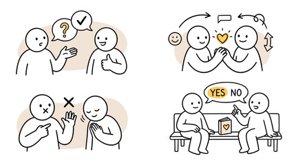 Naklejka premium Simple line drawing illustrations of people in conversation, showing understanding, agreement, disagreement, and decision-making, perfect for