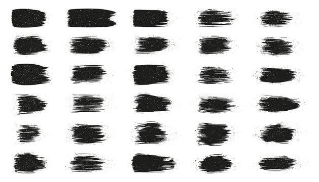 Grid of thirty textured black ink sponge paint strokes with grain texture isolated on a plain white background.