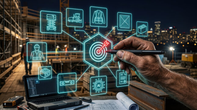 Close-up of a calloused worker's hand using a digital stylus to interact with a glowing blue holographic interface on a construction site at night