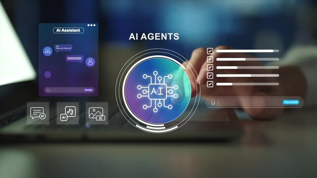 AI agents concept. AI agent icons, intelligent automation, digital assistant system and smart workflow management.