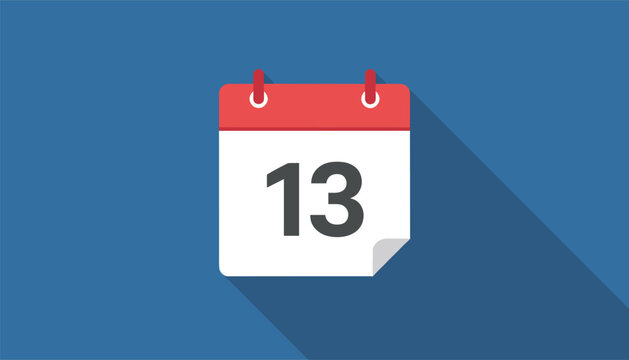 Flat design calendar icon showing date thirteen with a red header and white body casting a long shadow on a blue background.