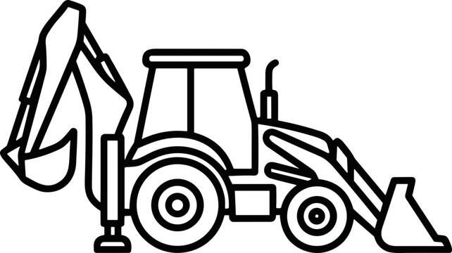 Backhoe loader line art icon, construction vehicle, digger, excavator, heavy machinery, vector illustration