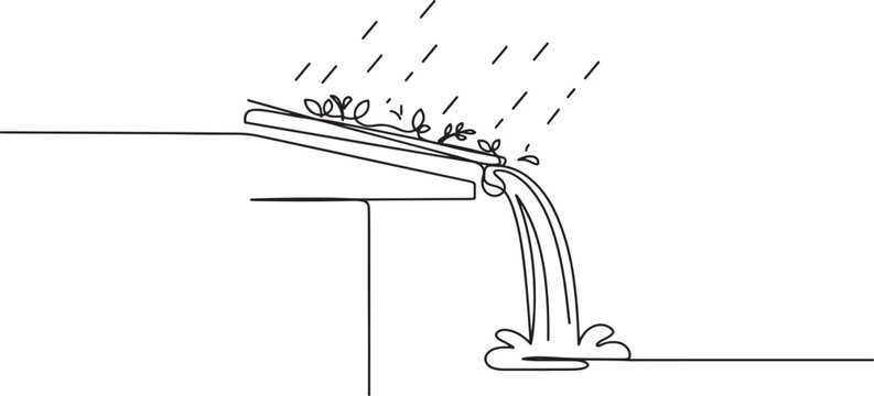 rainwater overflowing from a clogged gutter during a heavy storm. Single line draw design vector illustration
