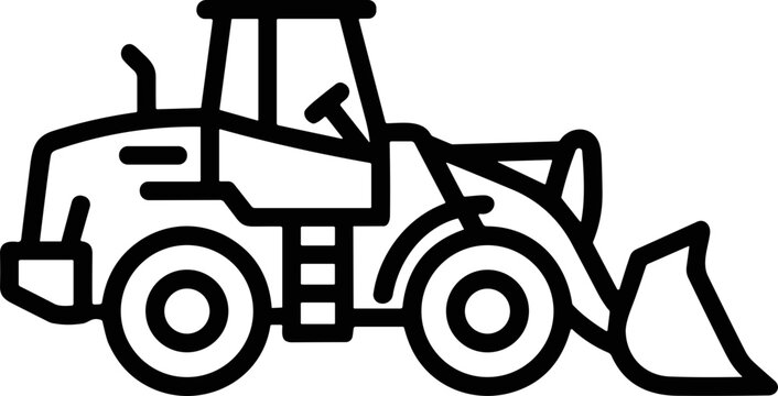 Front loader construction vehicle icon, heavy machinery line art, industrial equipment symbol