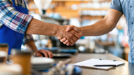 Obraz premium Two people shaking hands over a counter, symbolizing agreement or partnership in a casual business setting.