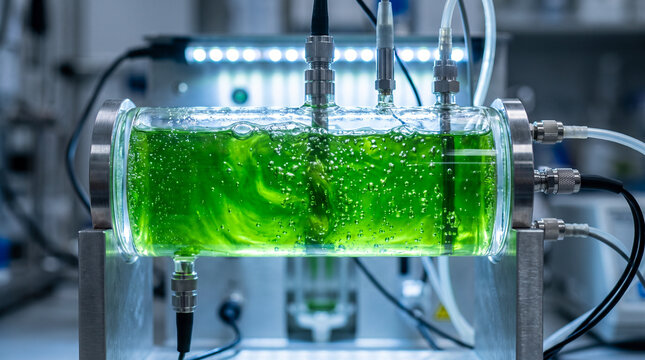Green algae cultivation inside a glass photobioreactor cylinder in a scientific laboratory