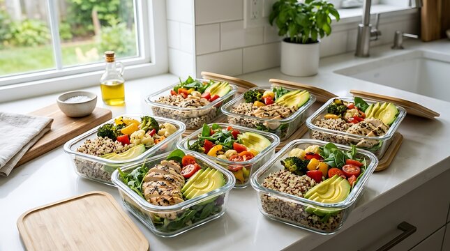 Healthy meal prep containers with tuna salad and avocado on a bright home kitchen counter. healthy eating snapshots