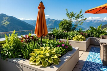 Fototapeta premium Green plants and flowers grow on a rooftop patio garden with expansive views of mountains below. Outdoor umbrellas and furniture create a relaxing space with a stunning panorama.