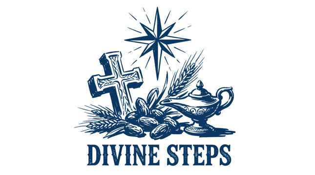 Divine steps christian artwork. Vintage religious cross and star. Spiritual vector design.