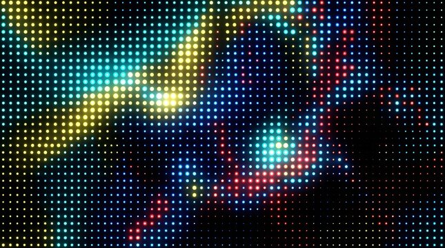 Vibrant multicolored led light display with blue, red, and yellow dots on black background