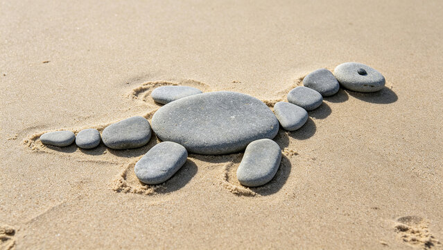 Outline of a plesiosaur made from grey river stones on a sandy beach.
