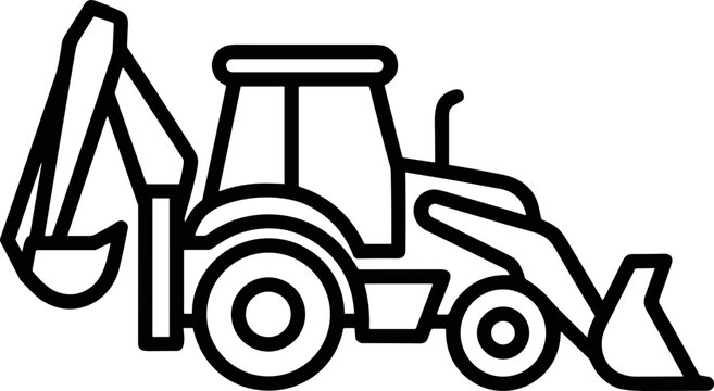 Backhoe loader icon, construction vehicle outline, heavy machinery vector graphic
