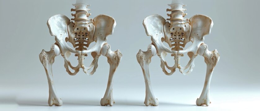 Two human pelvic bone skeletons are displayed side by side against a plain background, showcasing detailed anatomy of the hip and lower spine.