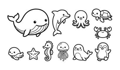Cute ocean animals and sea life cartoon line art icon collection vector set © Shahanaj