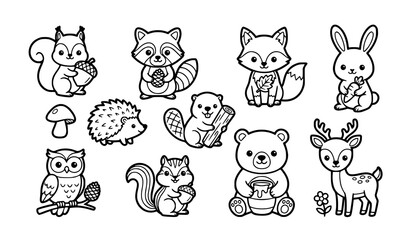 Fototapeta premium Cute woodland forest animals cartoon line art icon collection vector set