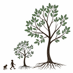 Fototapeta premium Growth stages of a tree from small sapling to large plant with primate silhouette, ink on white background