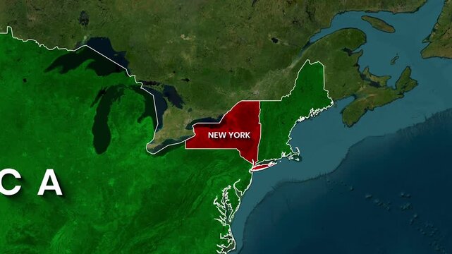 Animated map highlighting New York State within North America footage