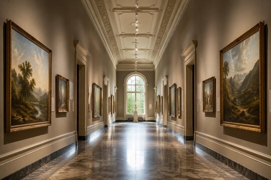 Long art gallery corridor with framed paintings, light from window at the end.