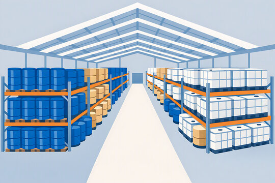 Modern Industrial Warehouse Interior Vector with Chemical Drums IBC Containers and Storage Racking Systems