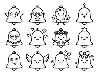 Obraz premium Outline icon set of 12 cute bell characters featuring kawaii expressions and holiday accessories for festive design