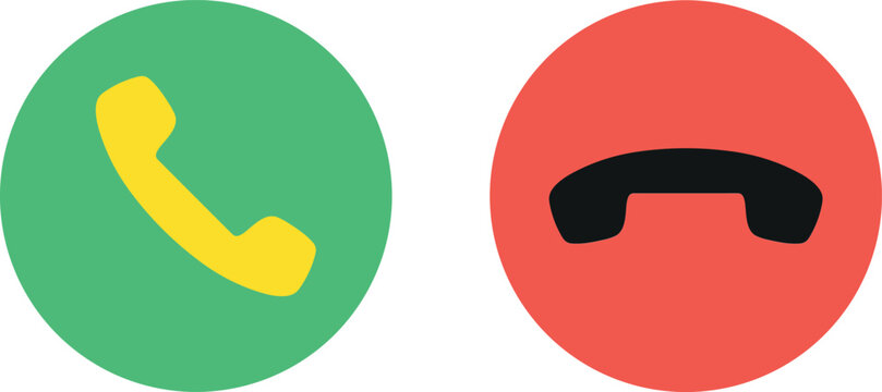 Phone call accept and decline buttons with yellow handset and black receiver flat color vector illustration