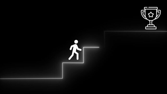 Stick Figure Climbing Steps three Towards Trophy Icon Representing Business Success Career Growth Personal Development Motivation And Reaching High Life Goals
