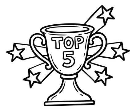 Cartoon illustration of a top 5 trophy depicting a winner cup with stars and lightning bolt for achievement and ranking design