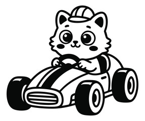Fototapeta premium Cartoon illustration of a cute cat character depicting a kitten driving a race car for children and kids design