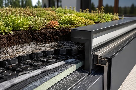 Cross section of a green roof construction showing layers
