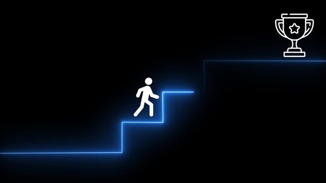 Stick Figure Climbing Steps one start Towards Trophy Icon Representing Business Success Career Growth Personal Development Motivation And Reaching High Life Goals

