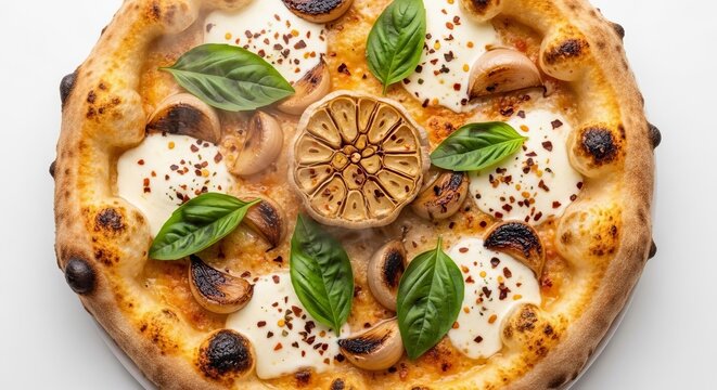 Delicious Pizza with Roasted Garlic, Mozzarella, and Fresh Basil.