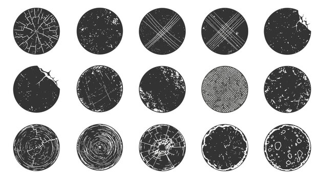 Fifteen circular grunge distress stamps featuring diverse crack and scratch patterns on white.