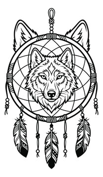 Line art illustration of wolf dreamcatcher depicting tribal wolf face with feathers for native and boho design