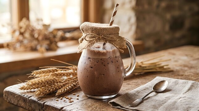 Rustic chocolate smoothie jar with wheat and straw on wooden table