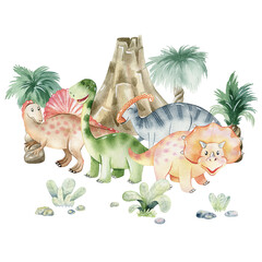 Watercolor cute dinosaurs. © Tapilipa
