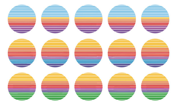 Retro styled sunset circles filled with horizontal stripes of diverse colors on white background.