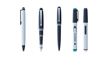 Fototapeta premium Set of high quality writing and drawing instruments includes various pens and markers in blue and black colors for professional use.