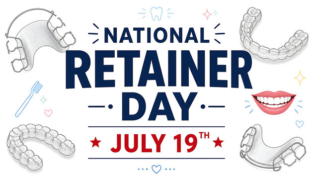  "NATIONAL RETAINER DAY JULY 19TH" in red, surrounded by clear dental retainers, a smiling pair of lips with teeth, a toothbrush icon, and scattered tooth and sparkle icons.