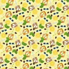 Refreshing Drink Seamless Pattern with Iced Coffee, Iced Lemon Tea, Mint Leaves, Coffee Beans, and Sunglasses © HikariN
