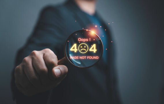 Businessman holding a magnifier glass with 404 page not found error, for website troubleshooting warning caution from web development, debugging, SEO issues, broken links and digital diagnostics.