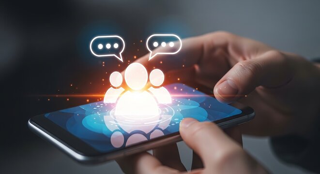 Digital communication concept - Hand holding smartphone with chat icons.