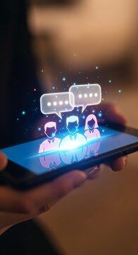 Digital communication concept - Person holding phone with chat icons.