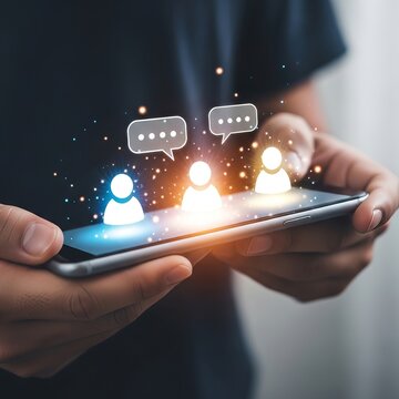 Digital communication concept - Person holding phone with chat icons.